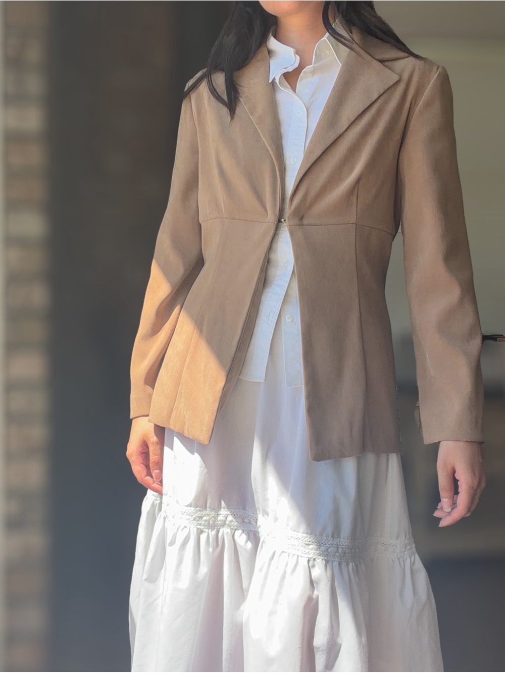 Vintage Tan Faux Suede Front Clasp Light Blazer Jacket